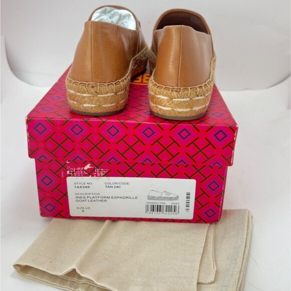 Tory Burch Women Ines Platform Tan Leather Espadrille With Logo Design Size 9 - Picture 7 of 9